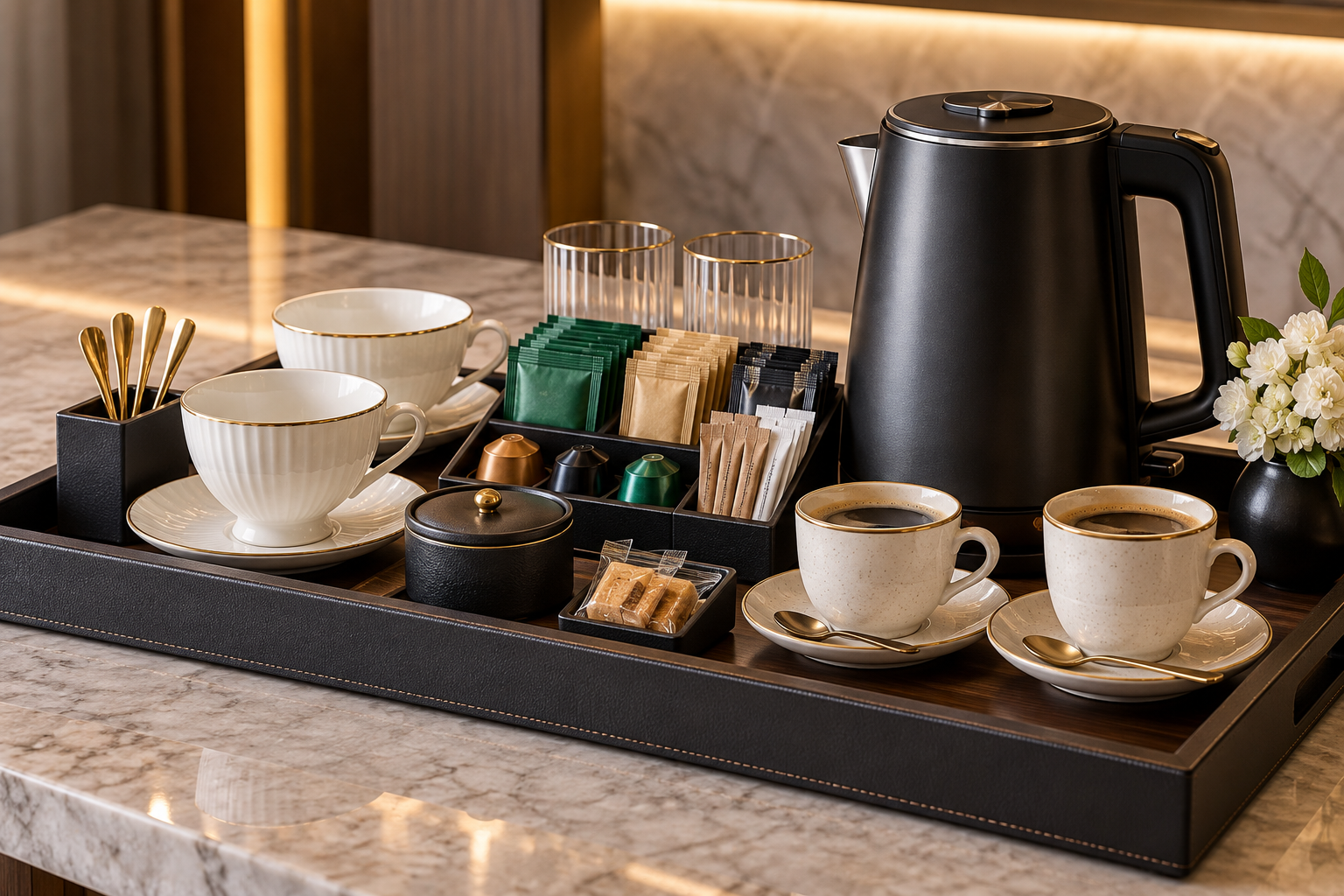 Bộ dụng cụ pha trà và cà phê dành cho phòng khách sạn